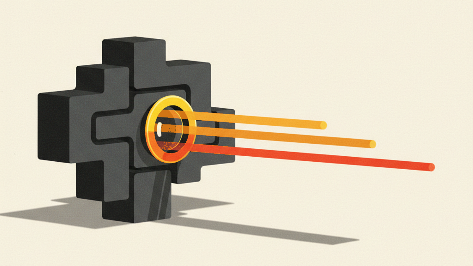 Stacked graphite modular blocks with an amber beam passing through a lens ring and separating into parallel strands of uneven length