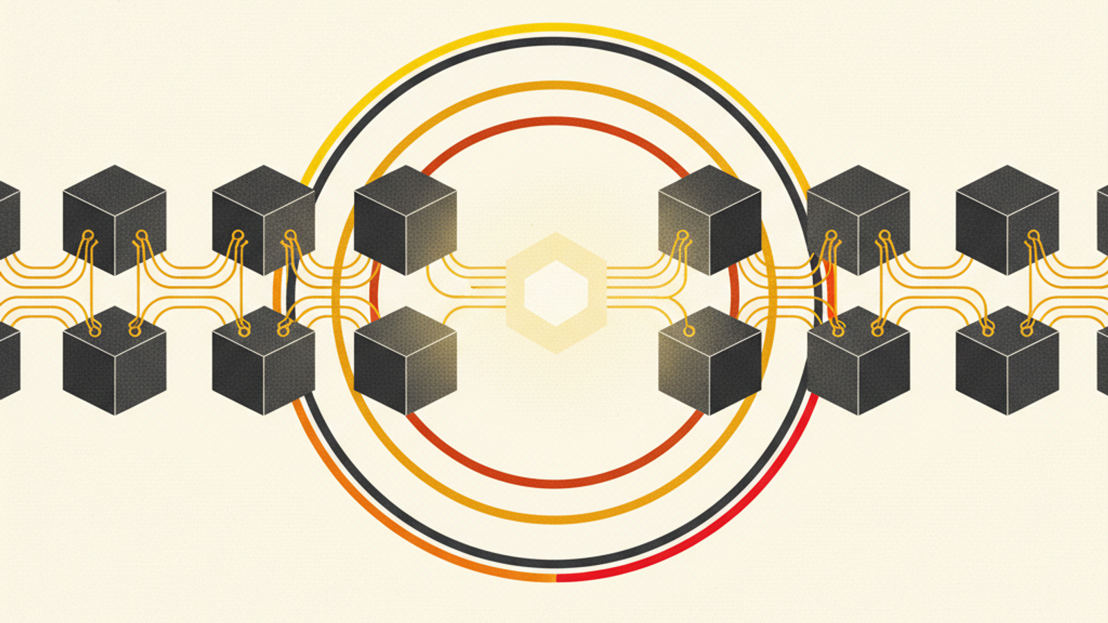 Graphite infrastructure cubes connected by amber paths to a source prism and three distinct buyer-question rings