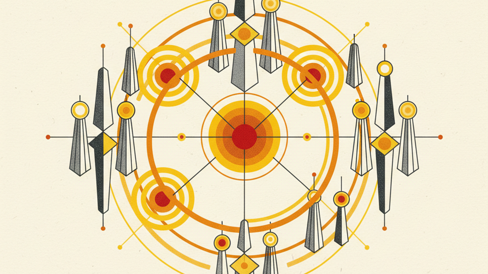 Geometric telecom columns linked by amber arcs to regional signal rings and a central evidence sphere