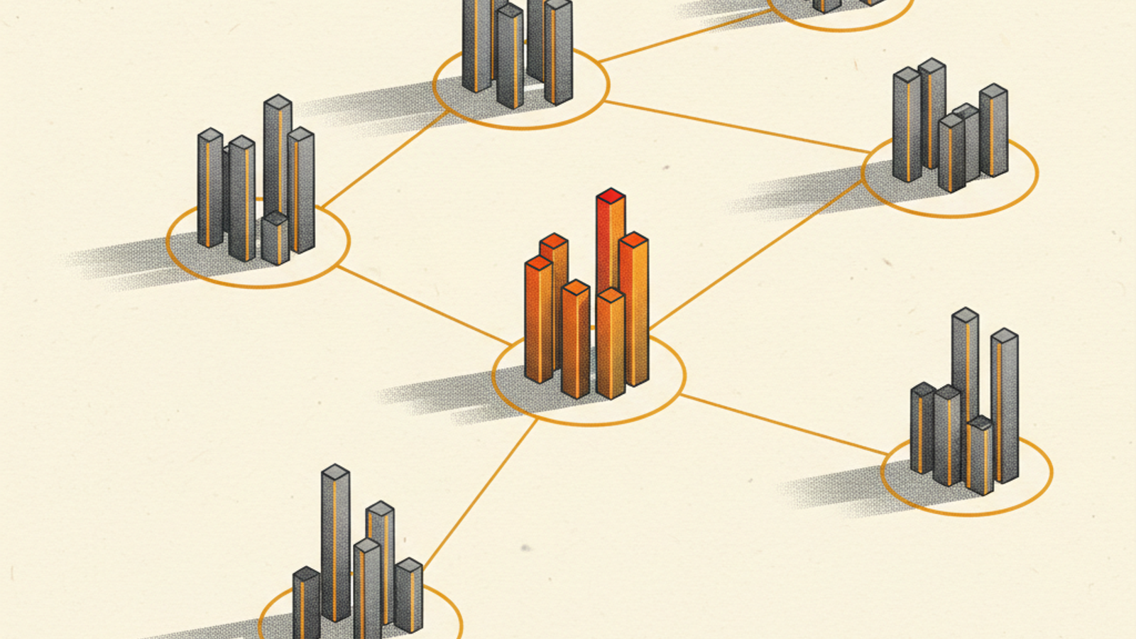Clusters of graphite columns on a warm ivory field, each circled by a thin amber ring and joined by amber lines to a central cluster of orange columns