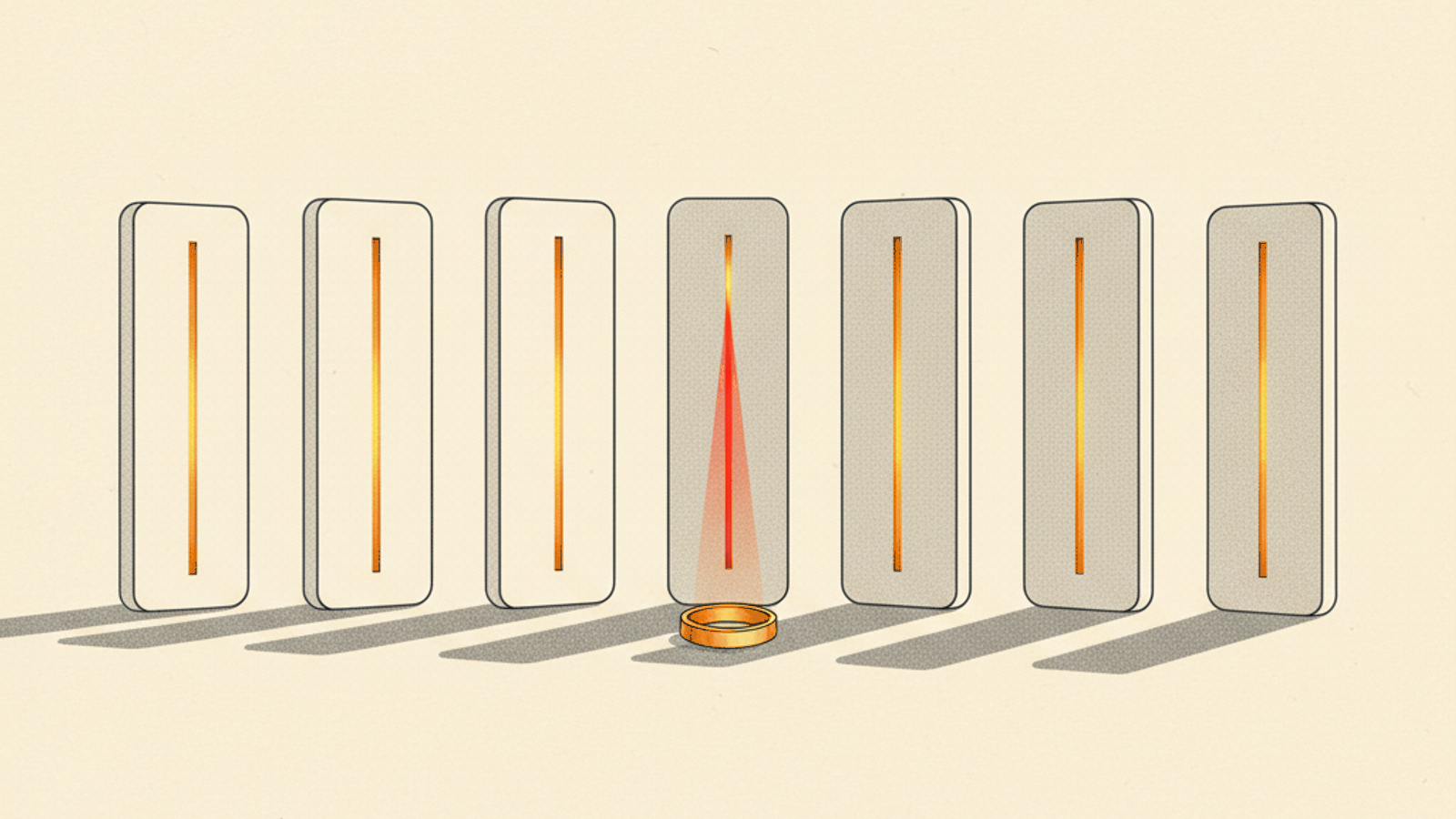 Seven equal pale-stone tablets with amber seams standing in a row on a warm ivory field, with a red-amber beam rising from a small brass ring into the middle tablet