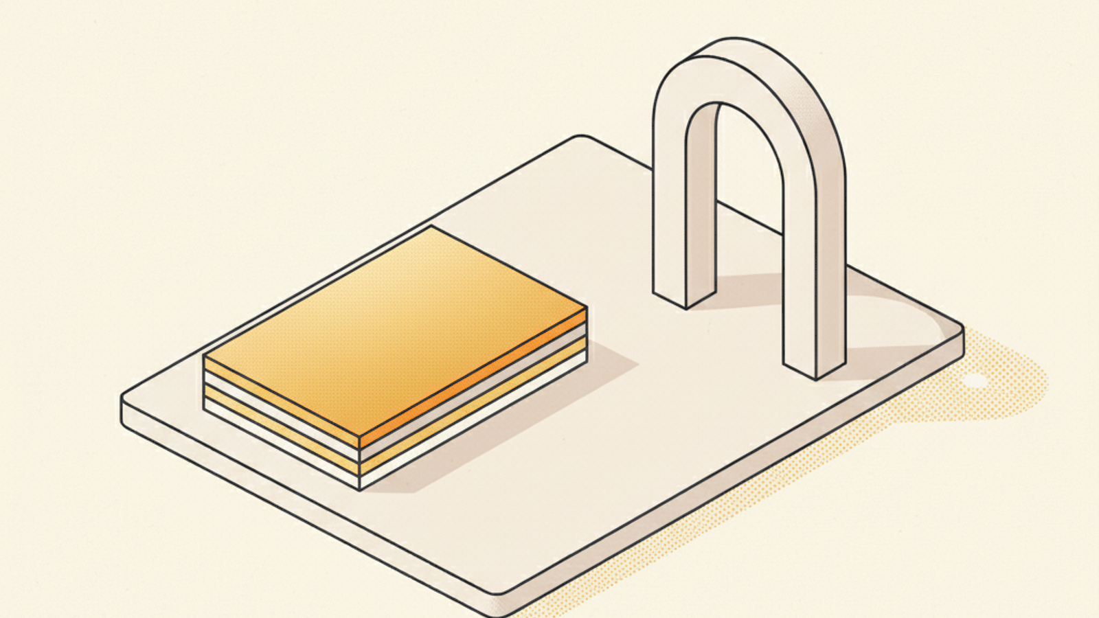 A pale slab with a stack of blank flat sheets at the left, the top sheet amber, and a plain blank open archway beside the stack