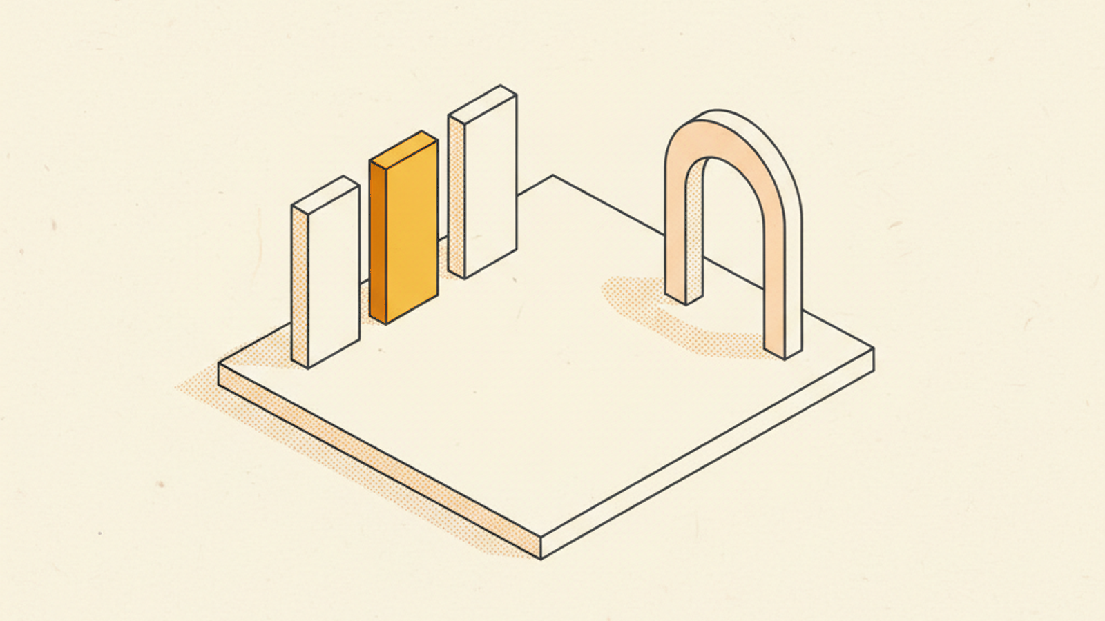 A pale slab with a row of three blank tall panels at the left, the middle panel amber, and a plain blank arch at the right