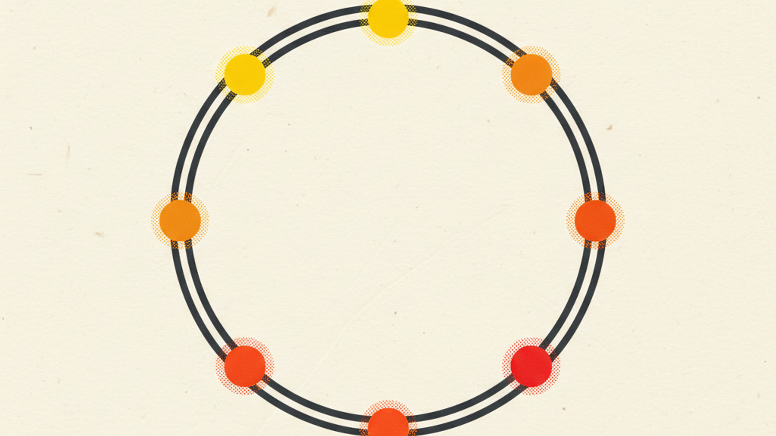 A large double-stroked charcoal ring on a warm off-white field with eight small solid dots spaced evenly along it, shading from yellow through orange to red around the loop