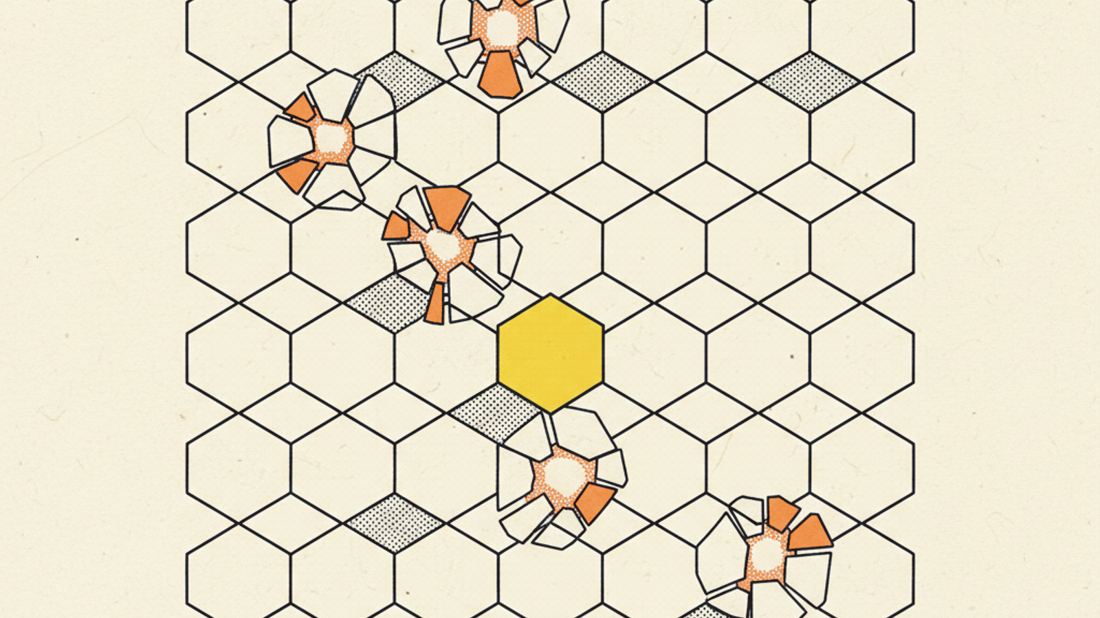 A grid of thin-lined hexagons with five fractured into displaced shards and one whole amber hexagon near the center