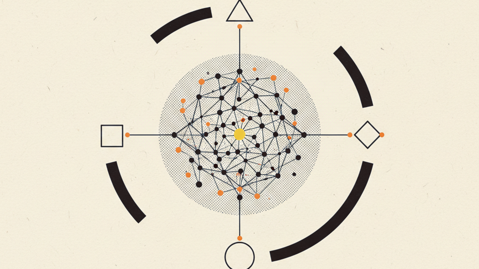A central circle holding a constellation of connected nodes, ringed by four crescent arcs with simple shapes linked inward by thin lines