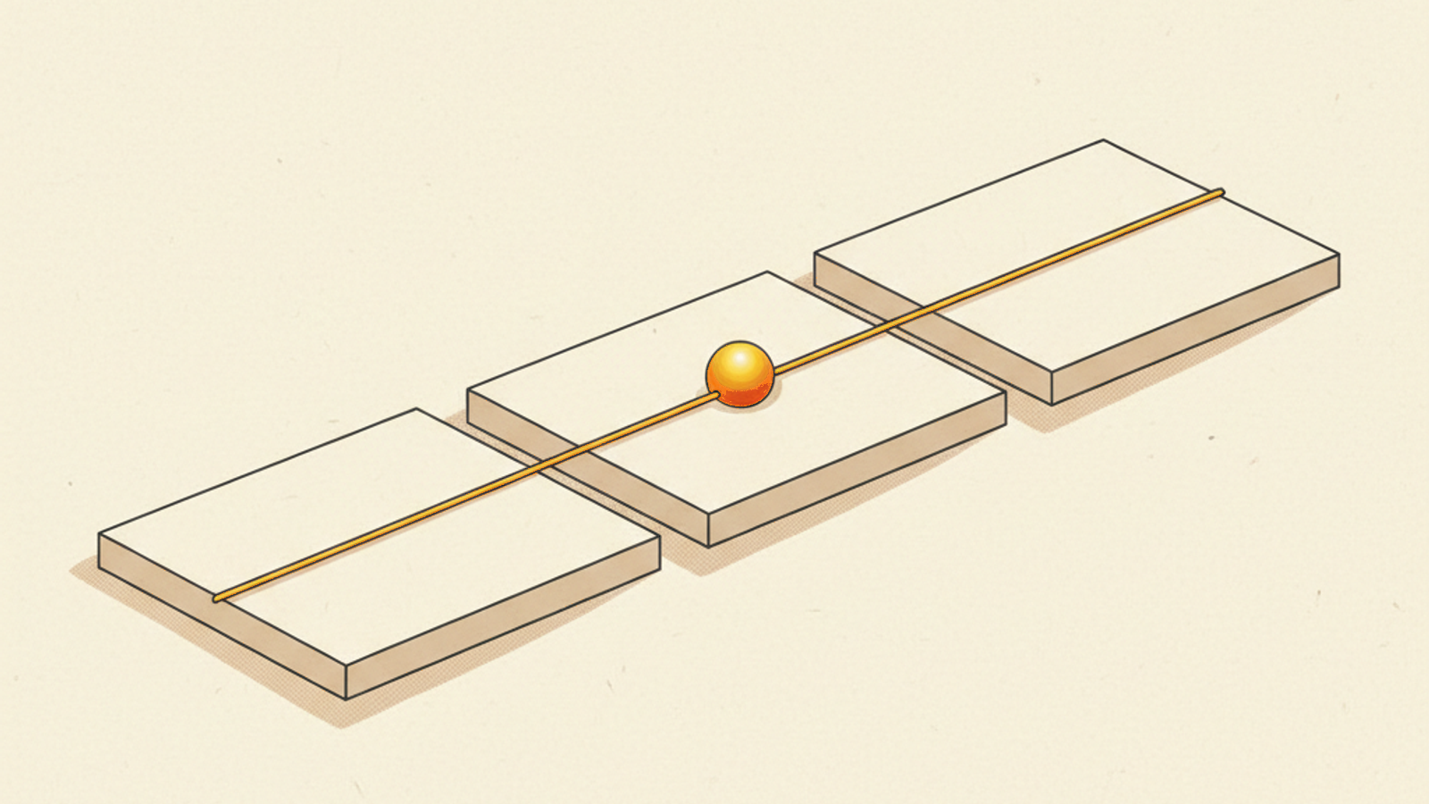 Three flat pale-stone slabs set at an angle on a warm ivory field, with a thin amber thread running across all three and a small orange bead joining the thread on the middle slab