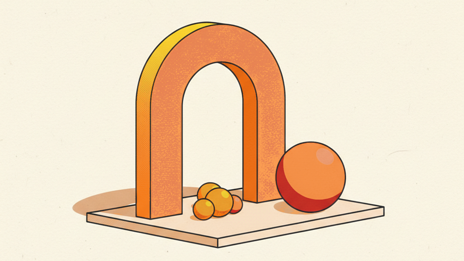 A tall orange arch on a pale-stone slab with a small cluster of amber spheres beneath it and one larger orange sphere beside it