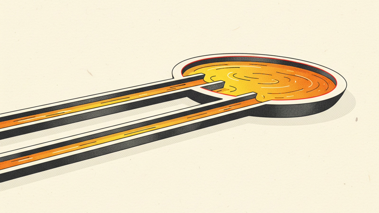 Two long graphite channels carrying amber liquid run diagonally across a warm ivory field and pour into one round, shallow stone basin with a thin red rim
