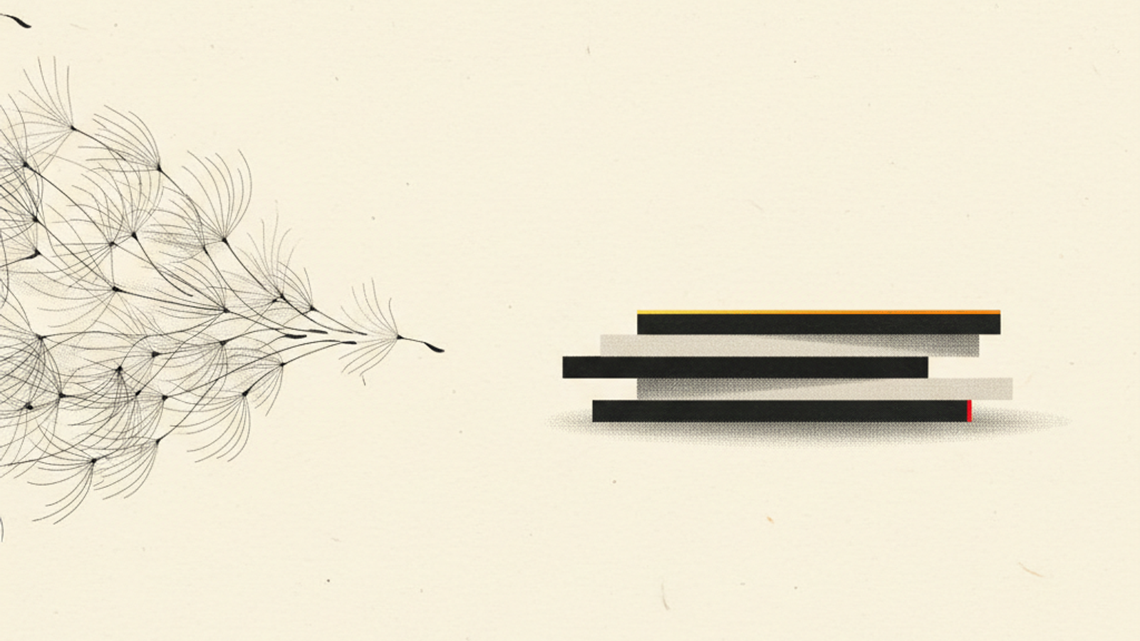 A drift of dandelion-like seed wisps on the left beside a neat stack of flat graphite and stone slabs on the right, the top edge traced in amber