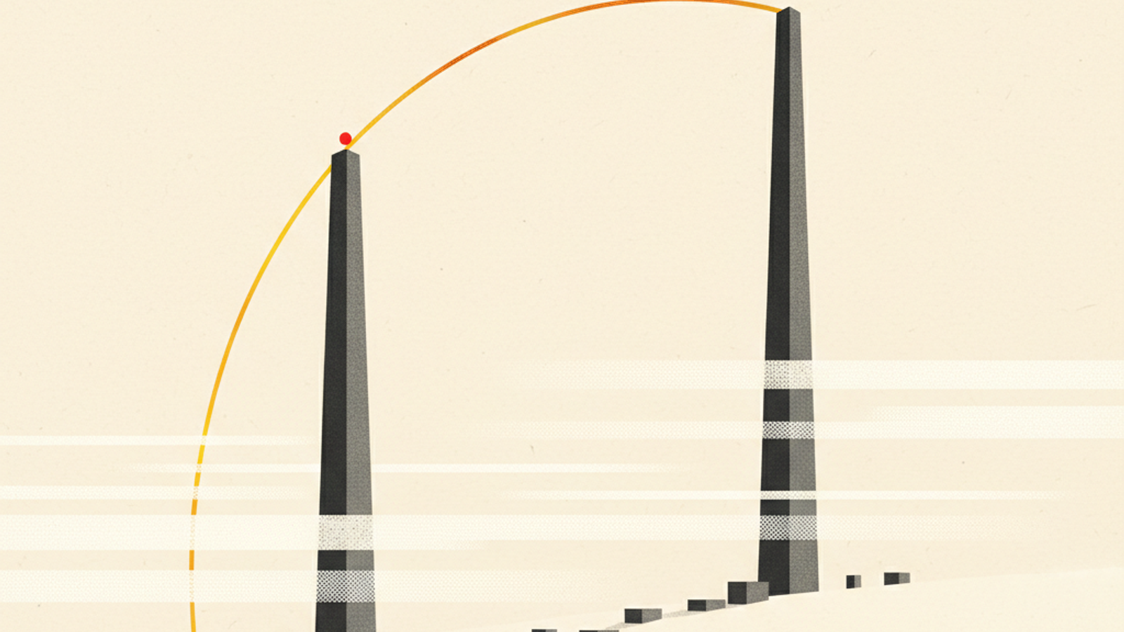 Two graphite towers linked by a thin amber arc that sweeps over them, with pale ivory haze bands drifting across and small graphite blocks stepped up a slope below