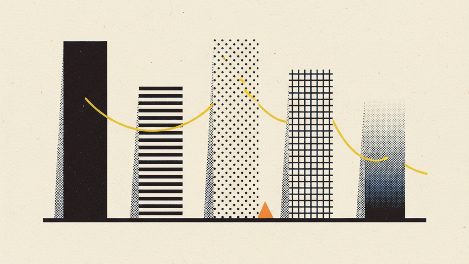 Five vertical banners with different weave patterns on a shared baseline, tied together by a single thin amber gradient thread