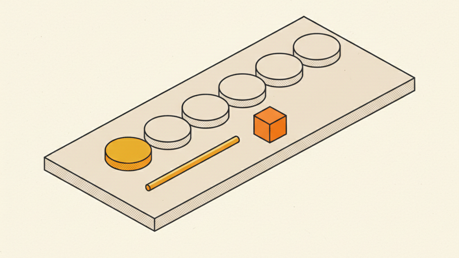 A wide pale slab with a row of six round tokens, an amber one at the near end and five blank beyond it, a thin amber rod beside the row and a small orange cube near its middle