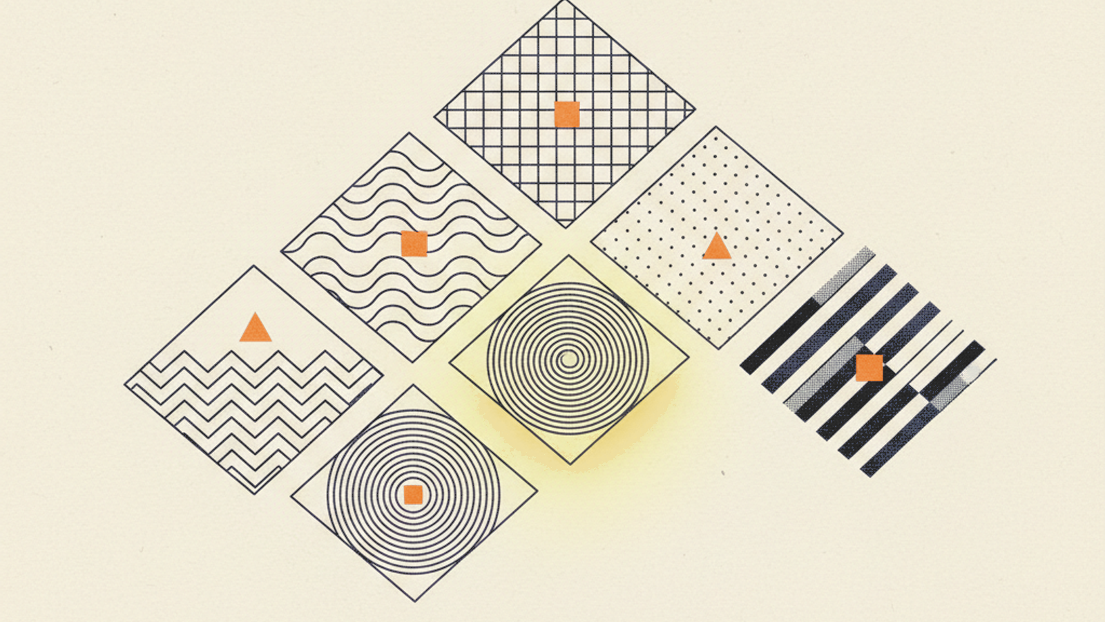 Seven abstract patterned tiles in a loose honeycomb with one tile lifted above the plane on an amber underglow