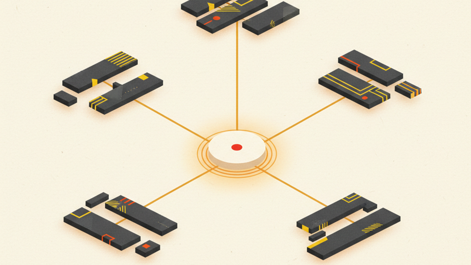 Five clusters of low graphite slabs with amber and red markings on a warm ivory field, each joined by a thin amber line to a raised ivory disc with a red center