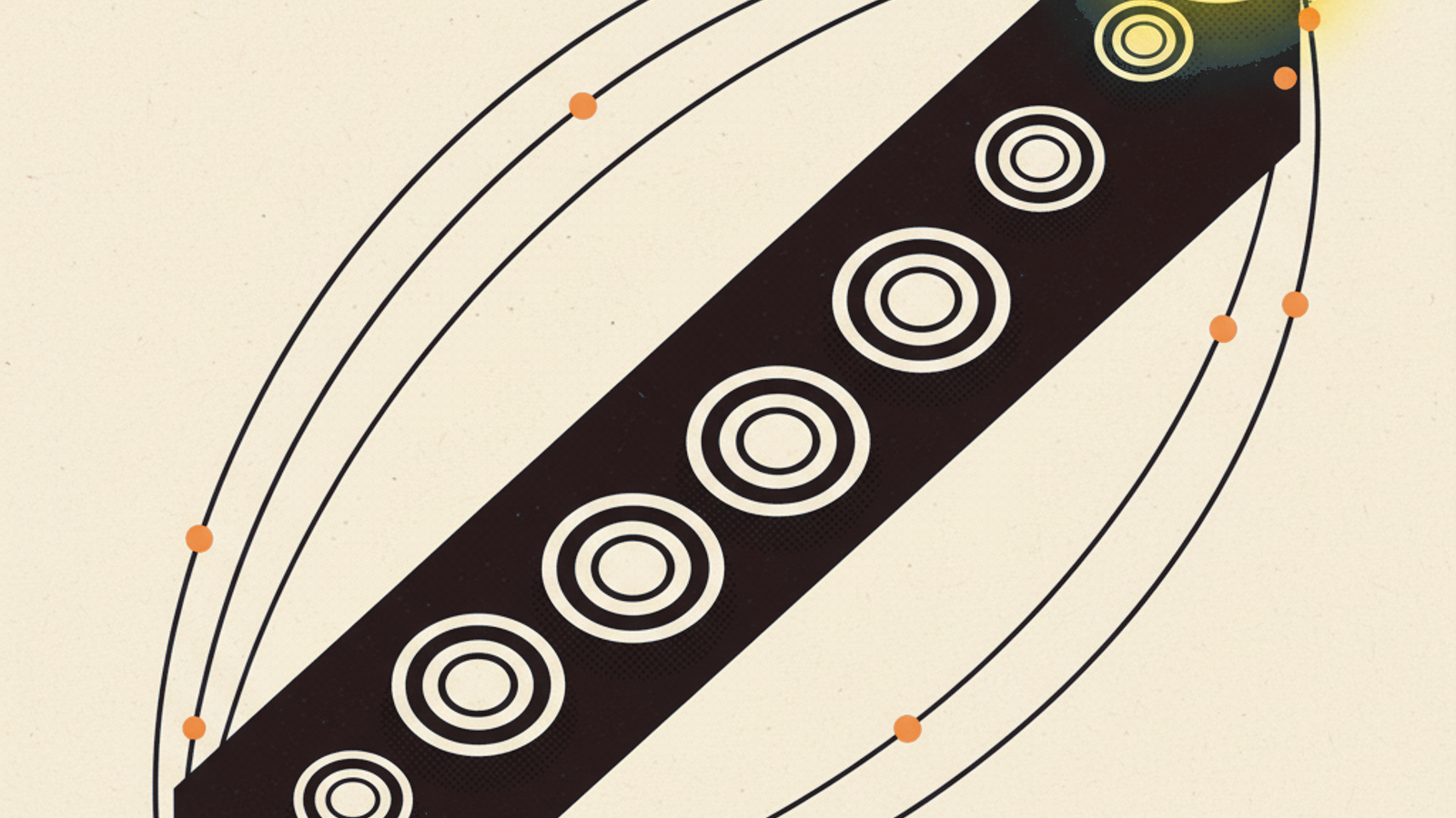 Ascending stepping-stone circles across a warm dark field, the final stone glowing amber with thin orbit lines looping back to the start