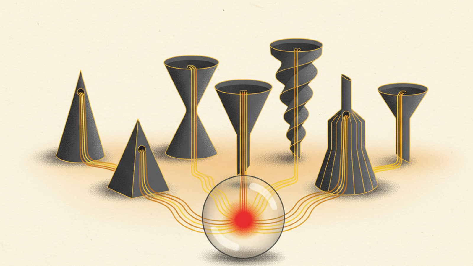 Graphite funnels and cones of different shapes on a warm ivory field, with amber threads running from each into one clear glass sphere