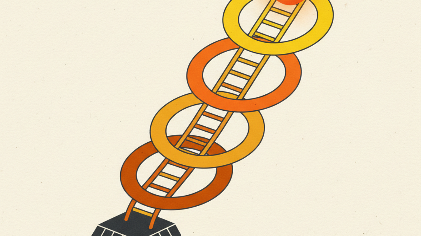 A compact amber ladder rising from a small charcoal cube through four increasingly clear signal rings toward an orange sphere