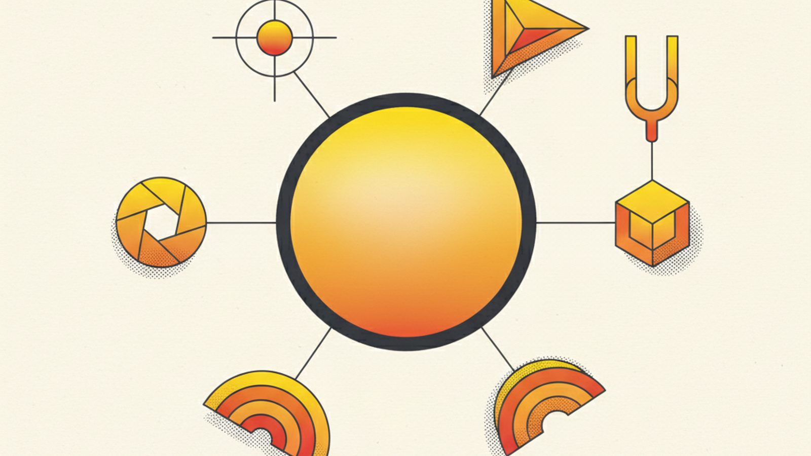 Six distinct geometric instruments arranged around a central amber compass ring, connected by fine charcoal lines on a warm off-white field