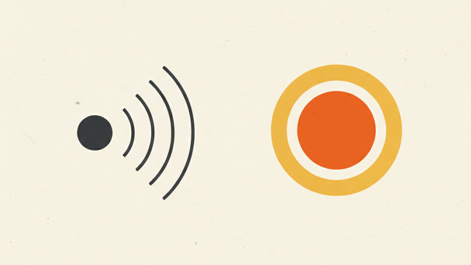 Thin charcoal signal arcs radiating from a small dot on the left toward one vivid orange circle held inside a soft amber ring on the right, on a warm off-white field