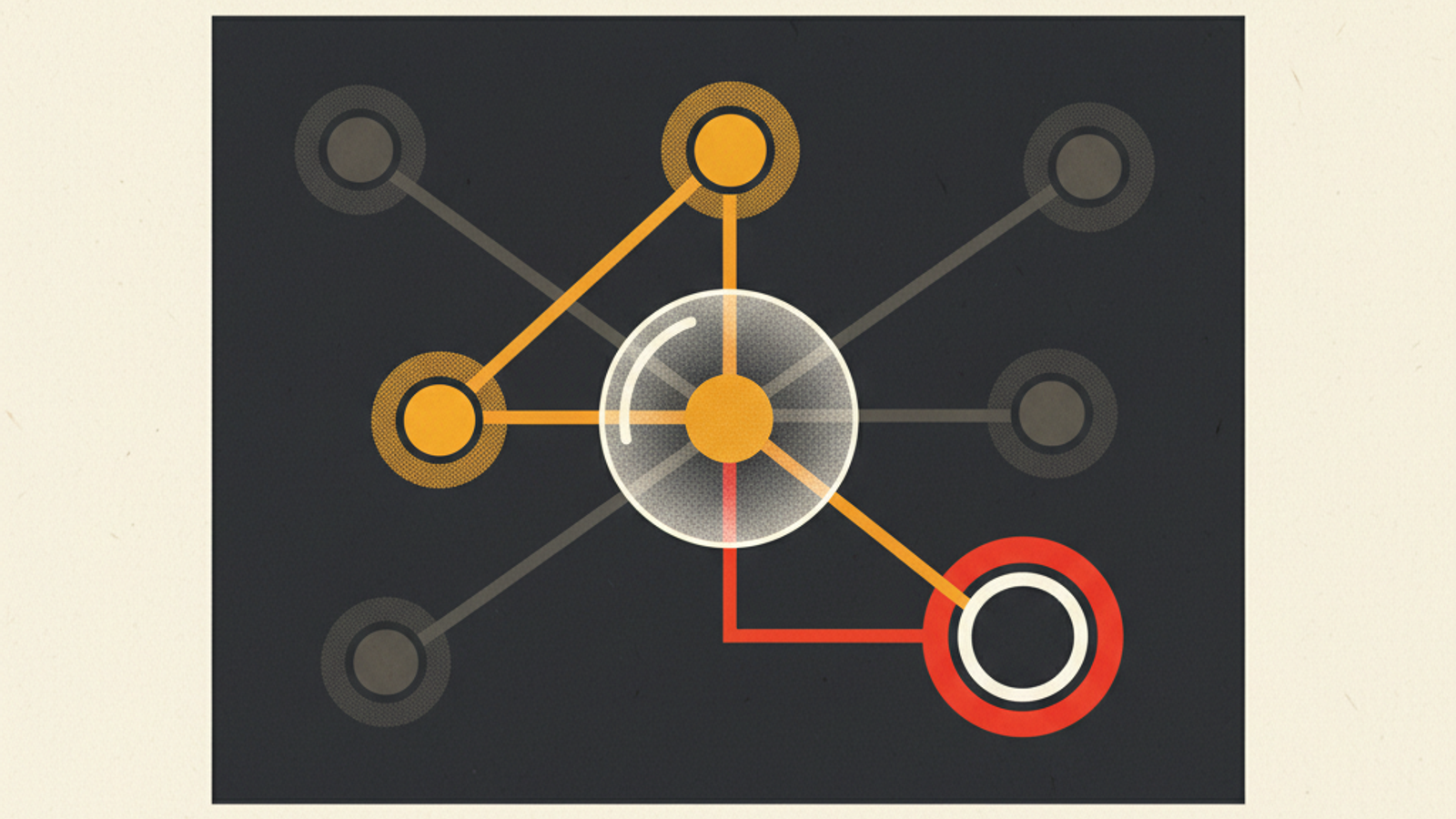 A lattice of source nodes feeding a translucent decision lens, with an orange path continuing to a hollow recommendation ring