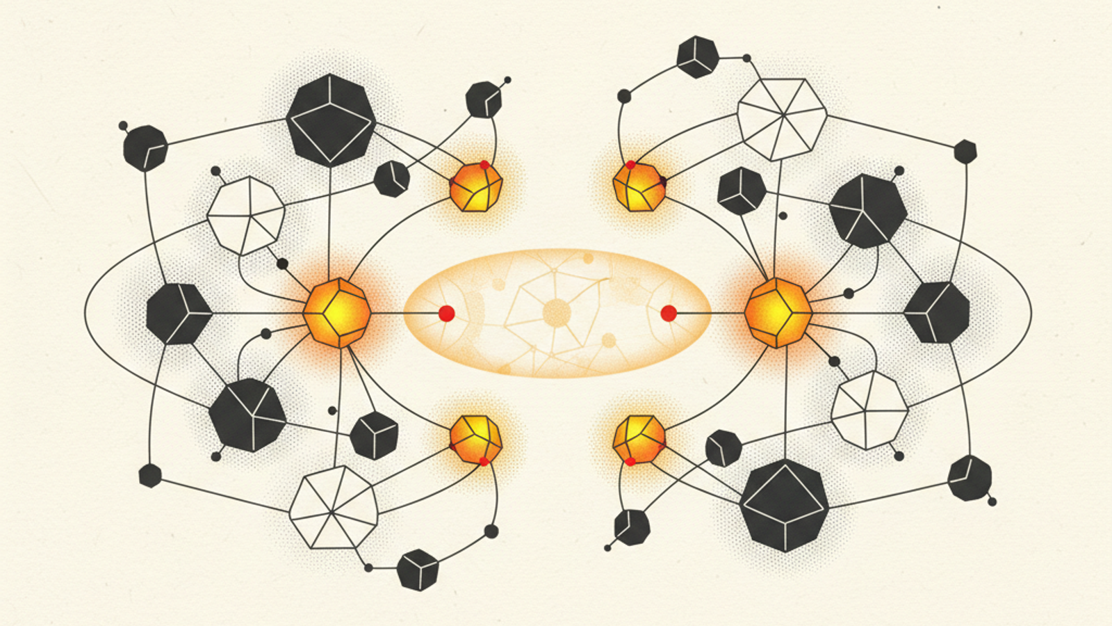 Two mirrored geometric constellations compared through a central evidence lens, with shared source nodes glowing amber
