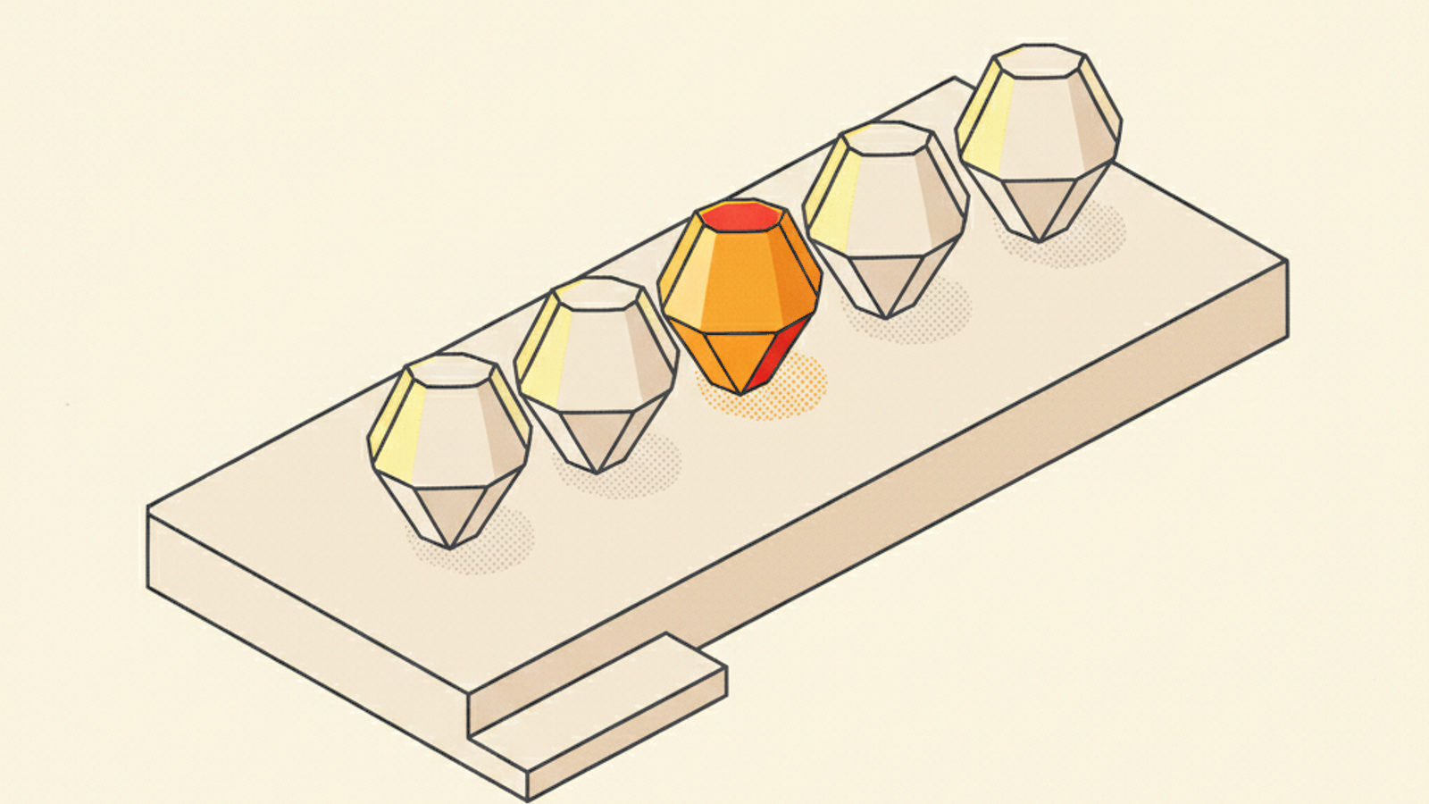 A pale slab holding a row of five blank faceted gems of rising height, the middle one amber, with a small blank step at the front corner