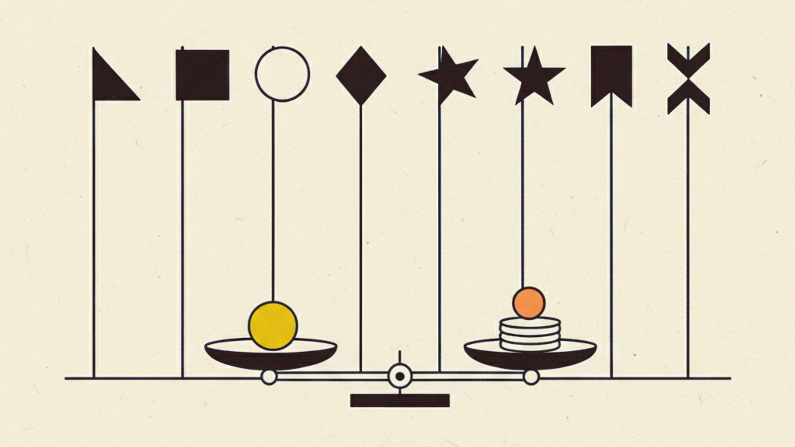 Eight abstract geometric pennants on equal poles behind a level balance beam weighing small stacked circles, one amber