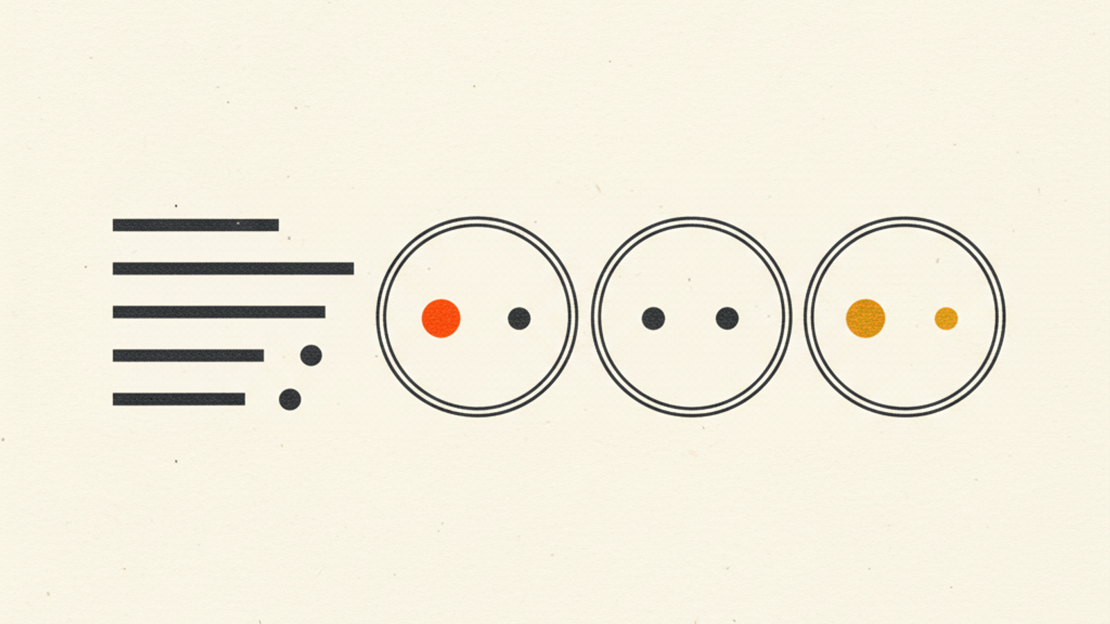 Five short stacked charcoal bars on the left beside three hollow charcoal circles holding small charcoal, orange and amber dots in different mixes, on a warm off-white field