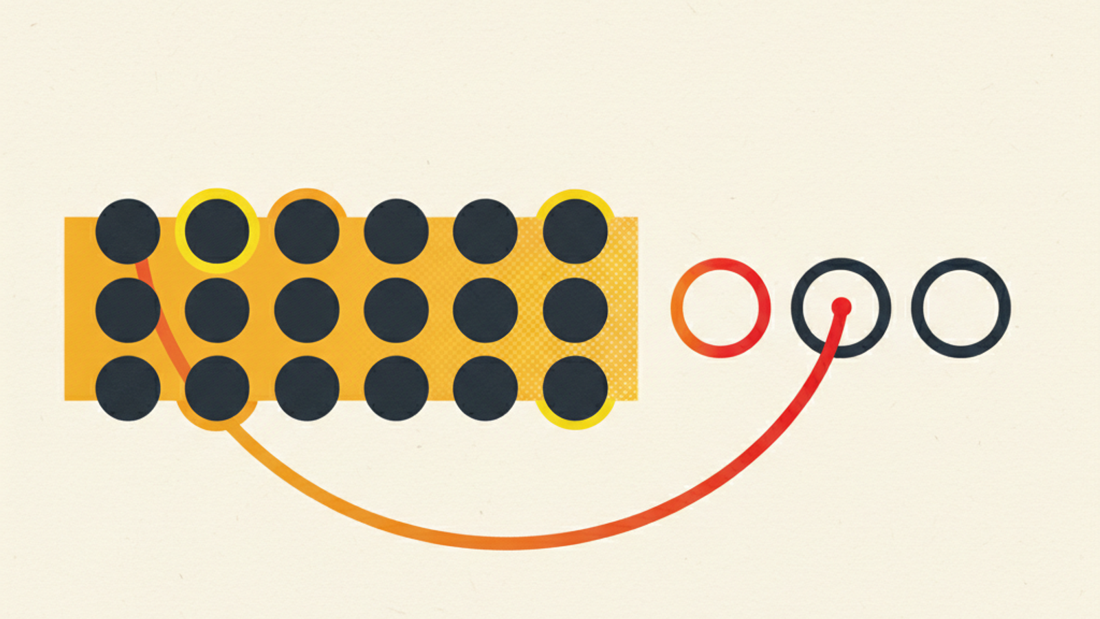 A molecular lattice passing through an amber evidence filter into citation rings along an orange source-provenance path