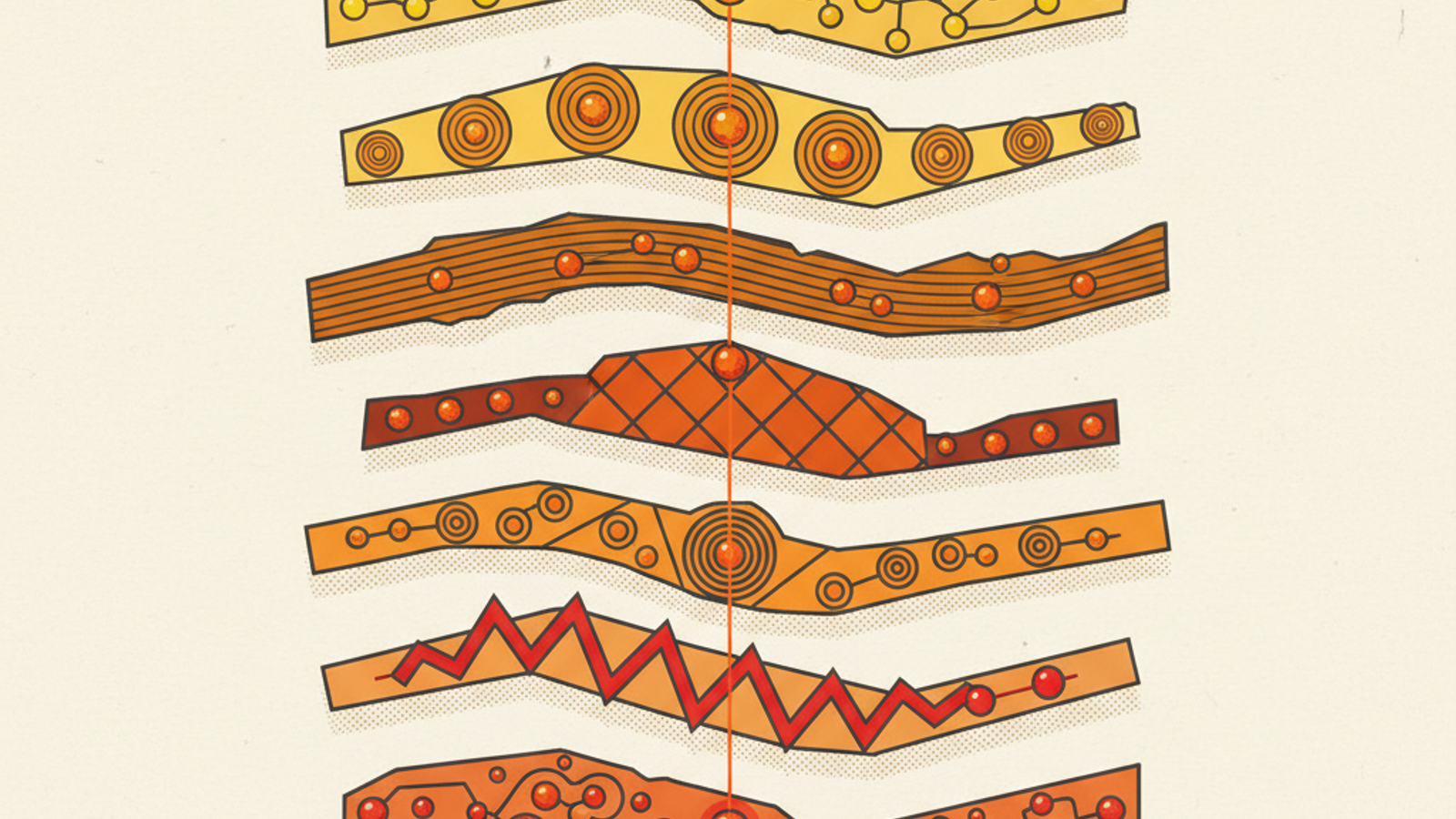 Seven floating historical strata holding amber observation beads, connected across time by one fine orange thread