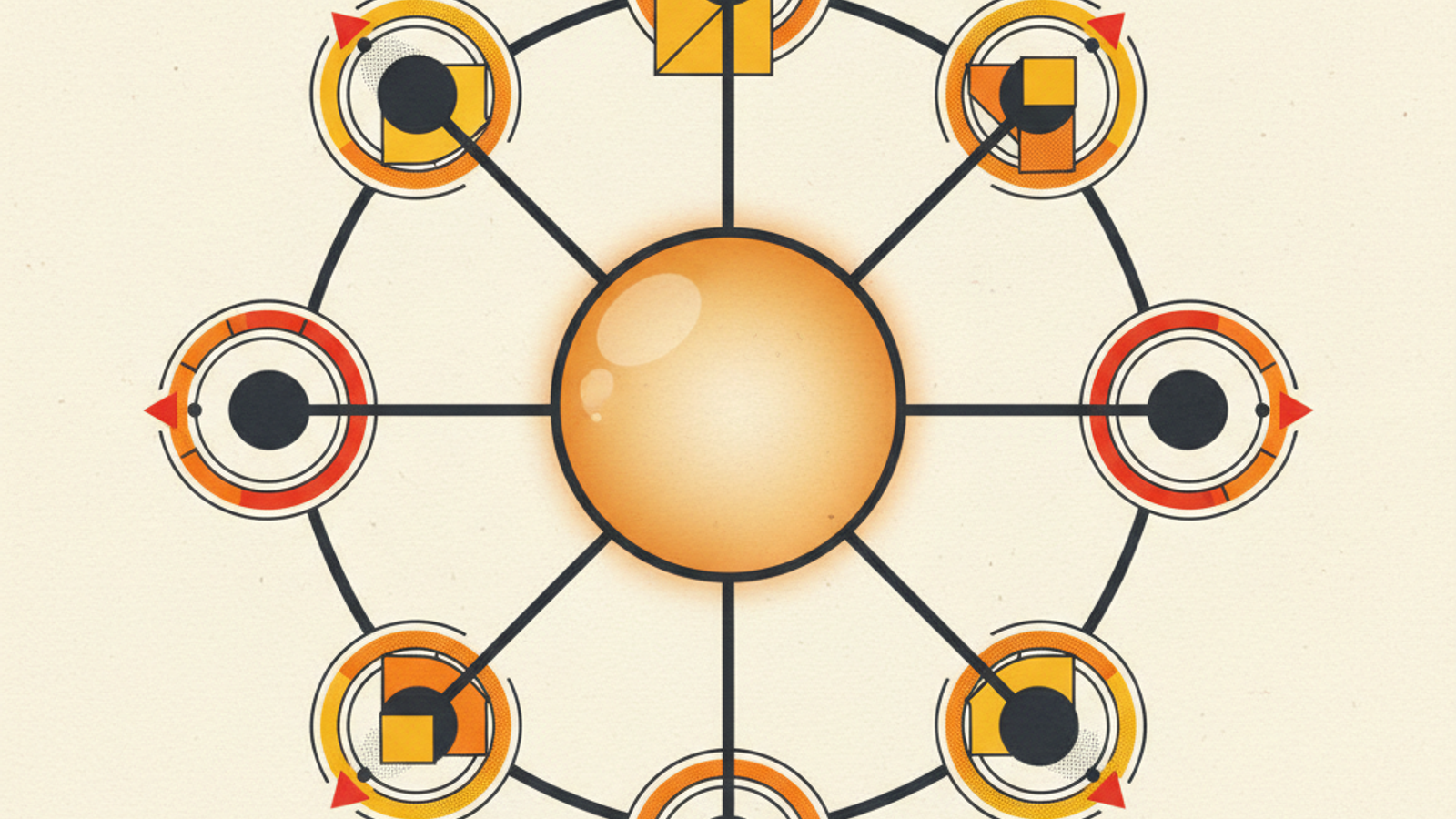 Seven distinct geometric expert figures connected through source nodes and measurement rings to a central evidence lens