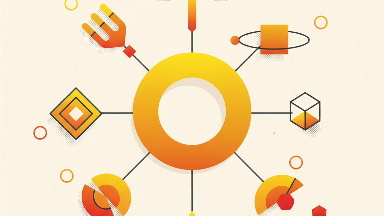 Five distinct geometric listening stations around a central amber ring, each connected to a separate orbiting shape by thin charcoal paths