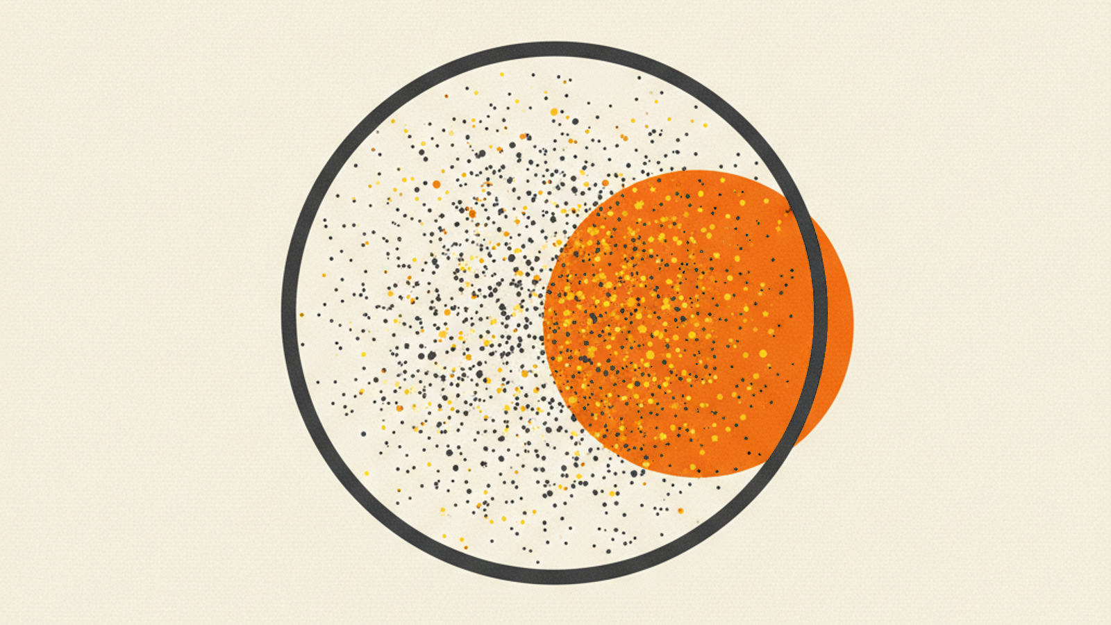 A large hollow charcoal circle filled with a scatter of tiny charcoal and amber dots, overlapped on its right side by a smaller solid orange circle, on a warm off-white field