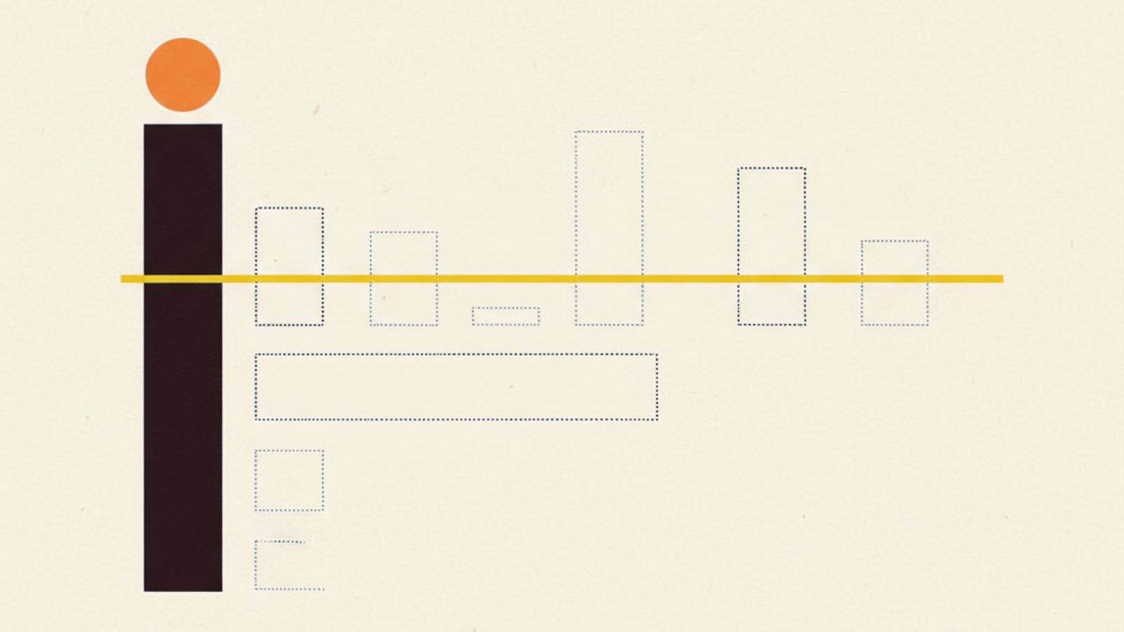 One solid charcoal baseline bar followed by faint dotted outline bars of unknown height, crossed by a thin amber reference line