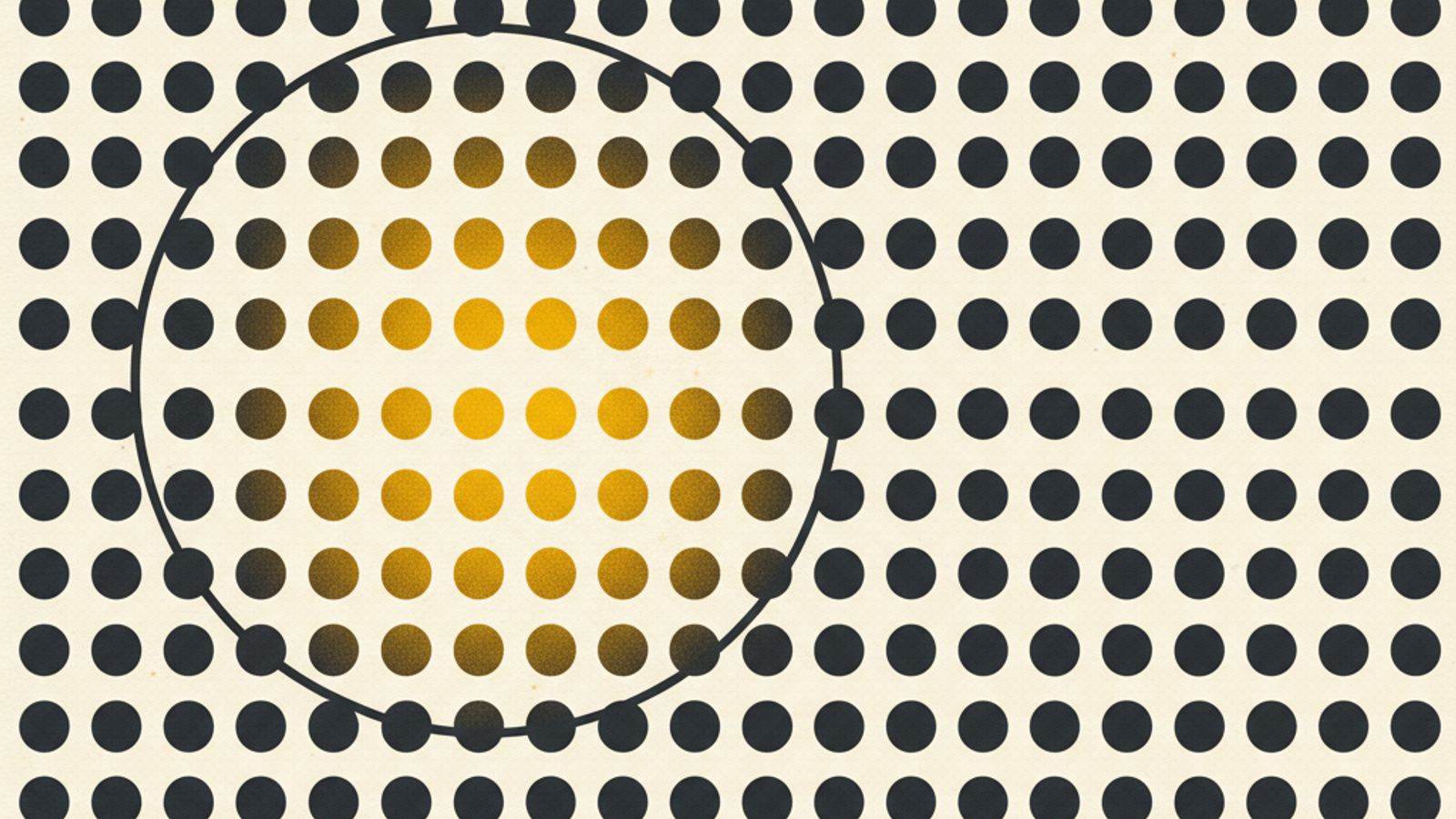 A large thin charcoal ring laid over an even field of small charcoal dots on warm off-white, with the few dots inside the ring turned amber — a lens picking out the concerns worth examining