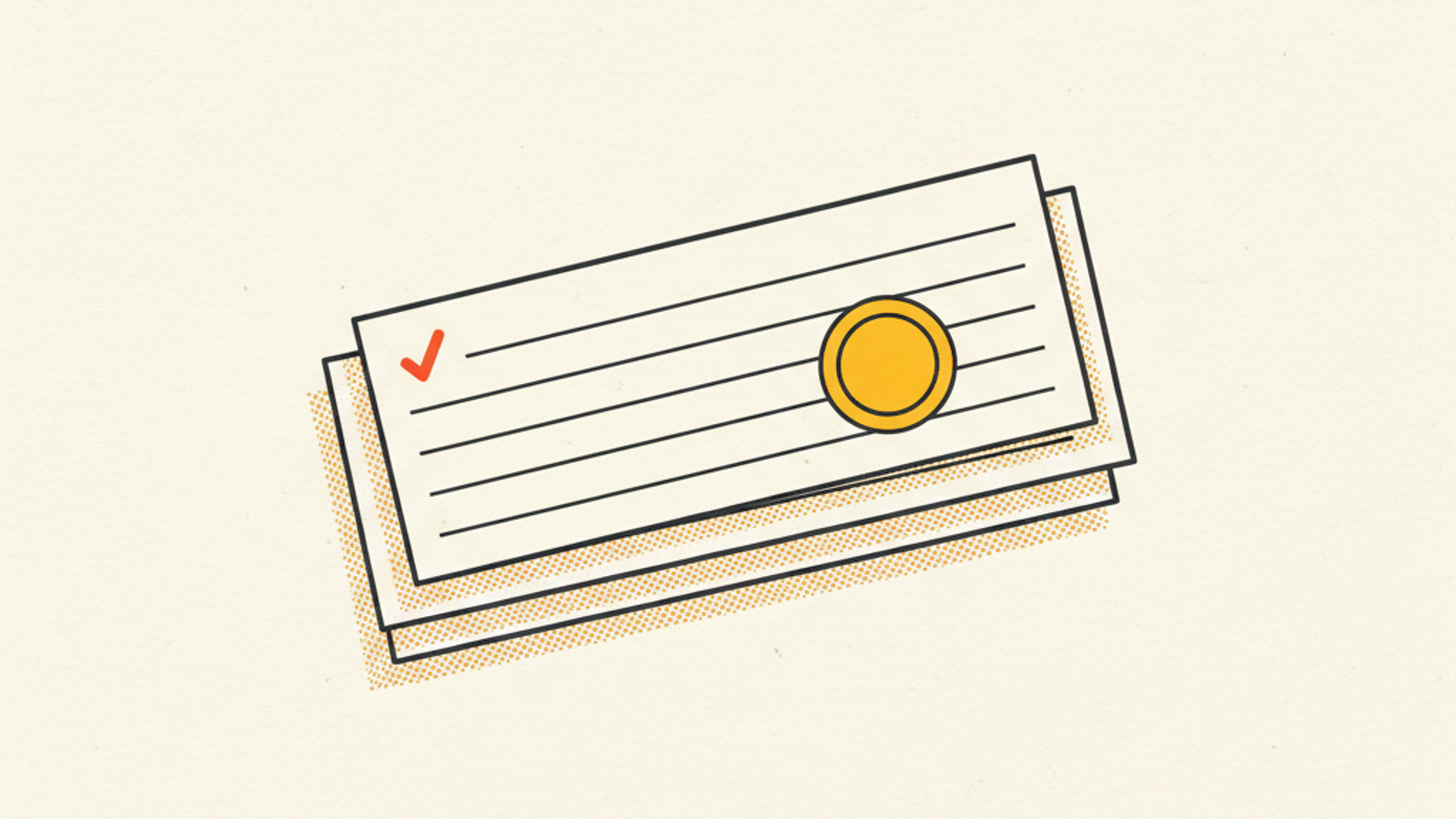 A short stack of thin ruled ledger strips at the centre with one small amber coin resting on top and a single orange tick mark on the upper strip, on a warm off-white field