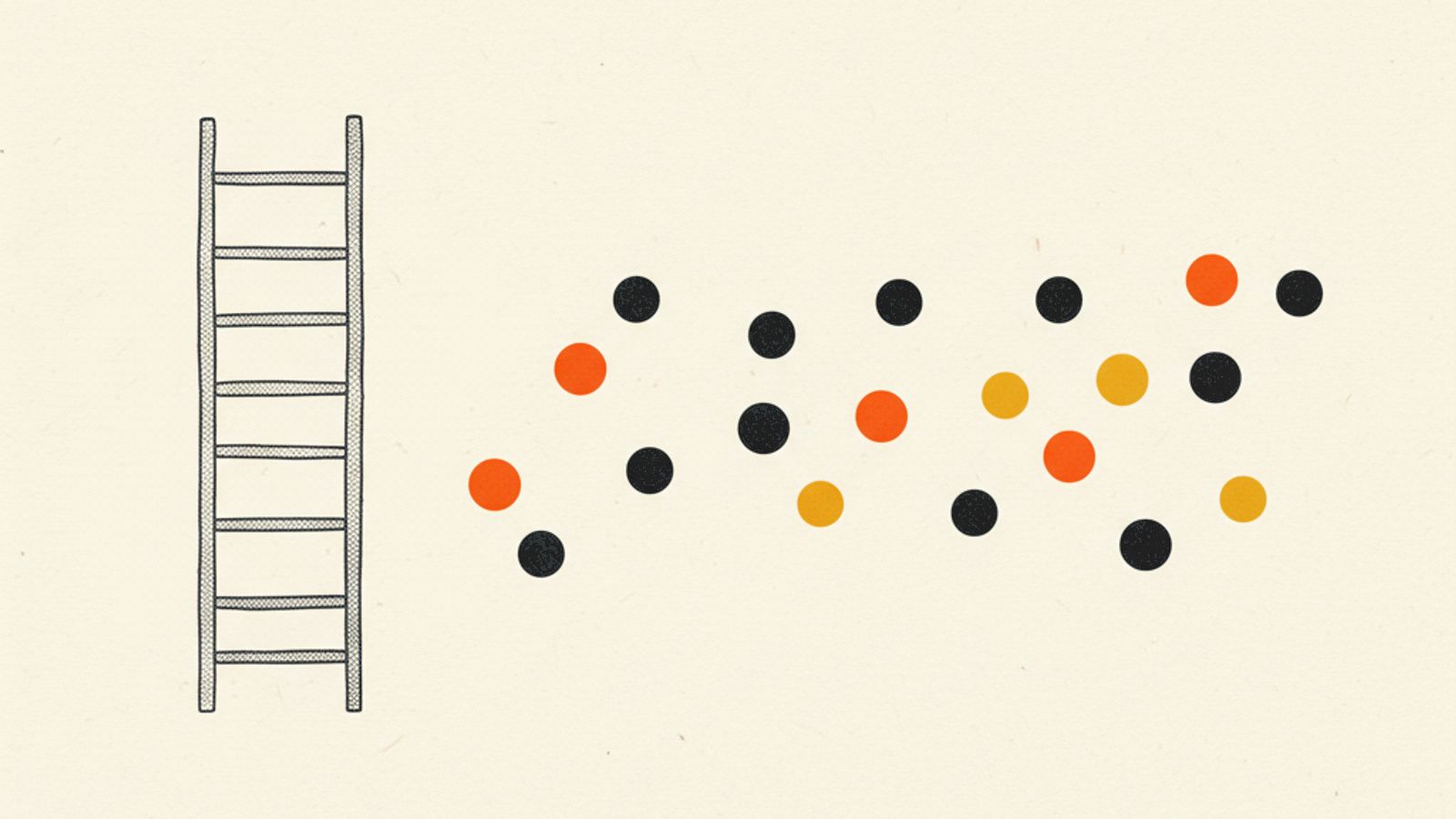 A tall narrow ladder of thin charcoal rungs on the left and a loose unordered cluster of small charcoal, orange and amber circles on the right, on a warm off-white field