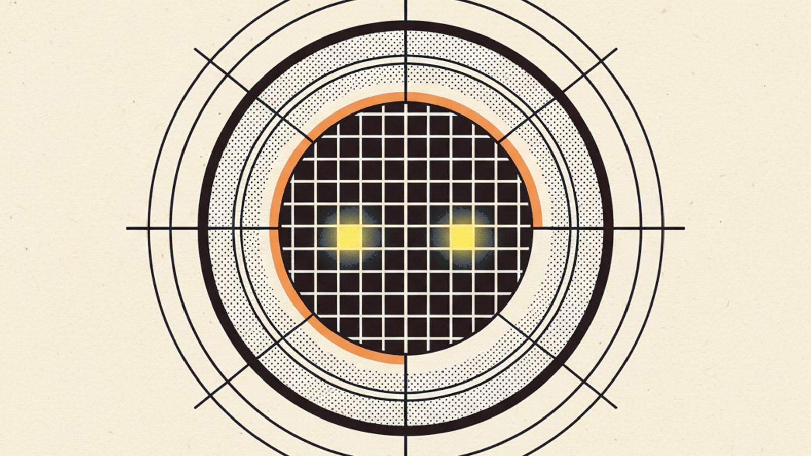 An aperture-like ring of concentric circles opening onto an orderly lattice of small squares, two glowing amber