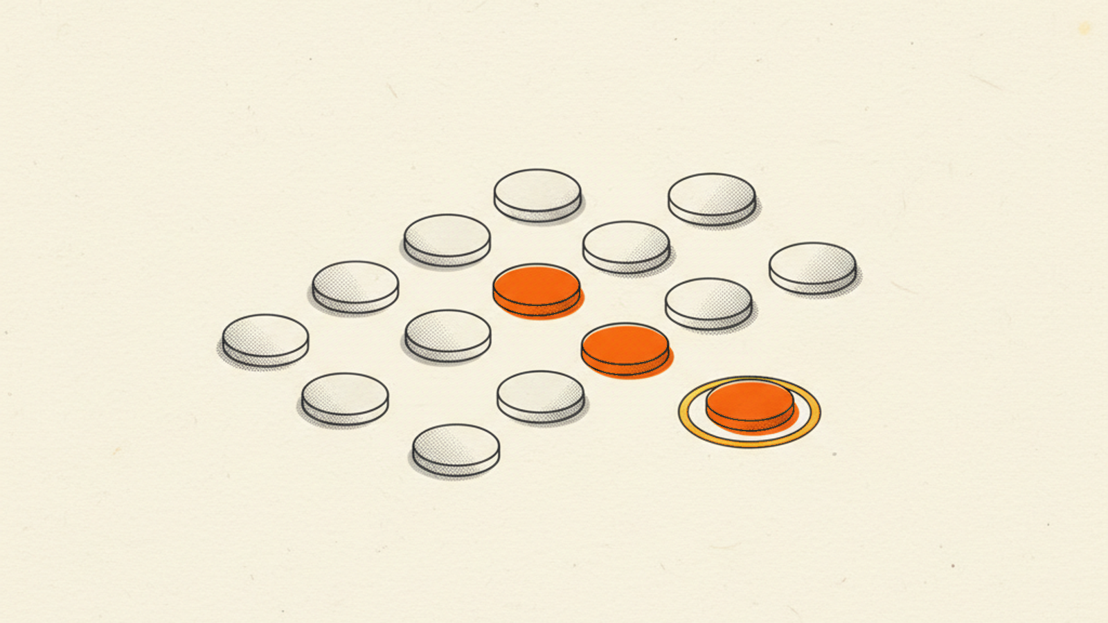 Rows of small flat pale-stone discs on a warm ivory field, with three orange discs, one of them circled by a thin amber ring