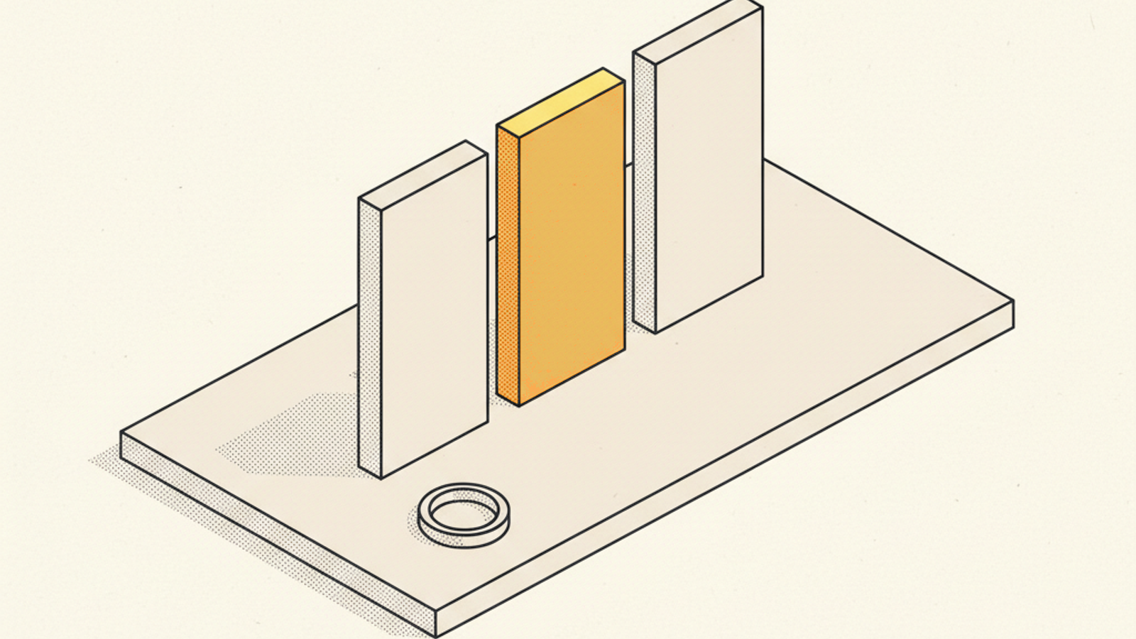 A pale slab with three tall blank pages standing in a row, the middle one amber, and a thin ring lying at the front corner