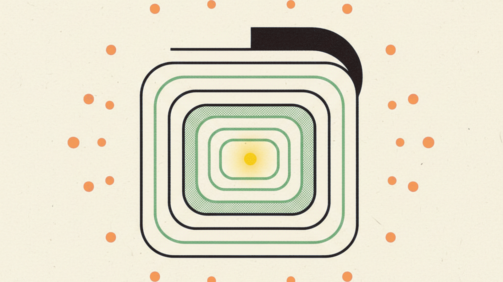Nested concentric rounded squares sheltering a small amber circle, with a gentle curve arcing over the top corner