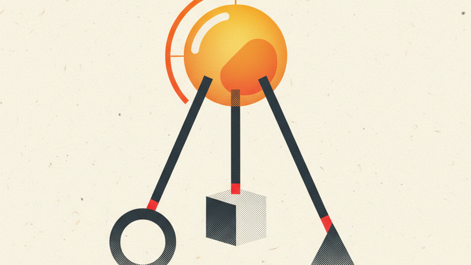 A three-legged measurement stand supporting a translucent amber proof sphere above ring, cube, and prism foundations