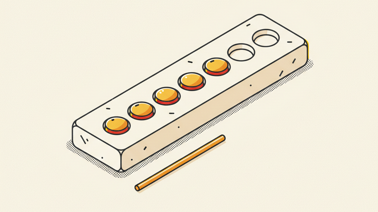 A long pale slab with a single row of seven round recesses, five holding amber tokens and two left empty at the far end, with a thin amber rod lying on the paper in front of it