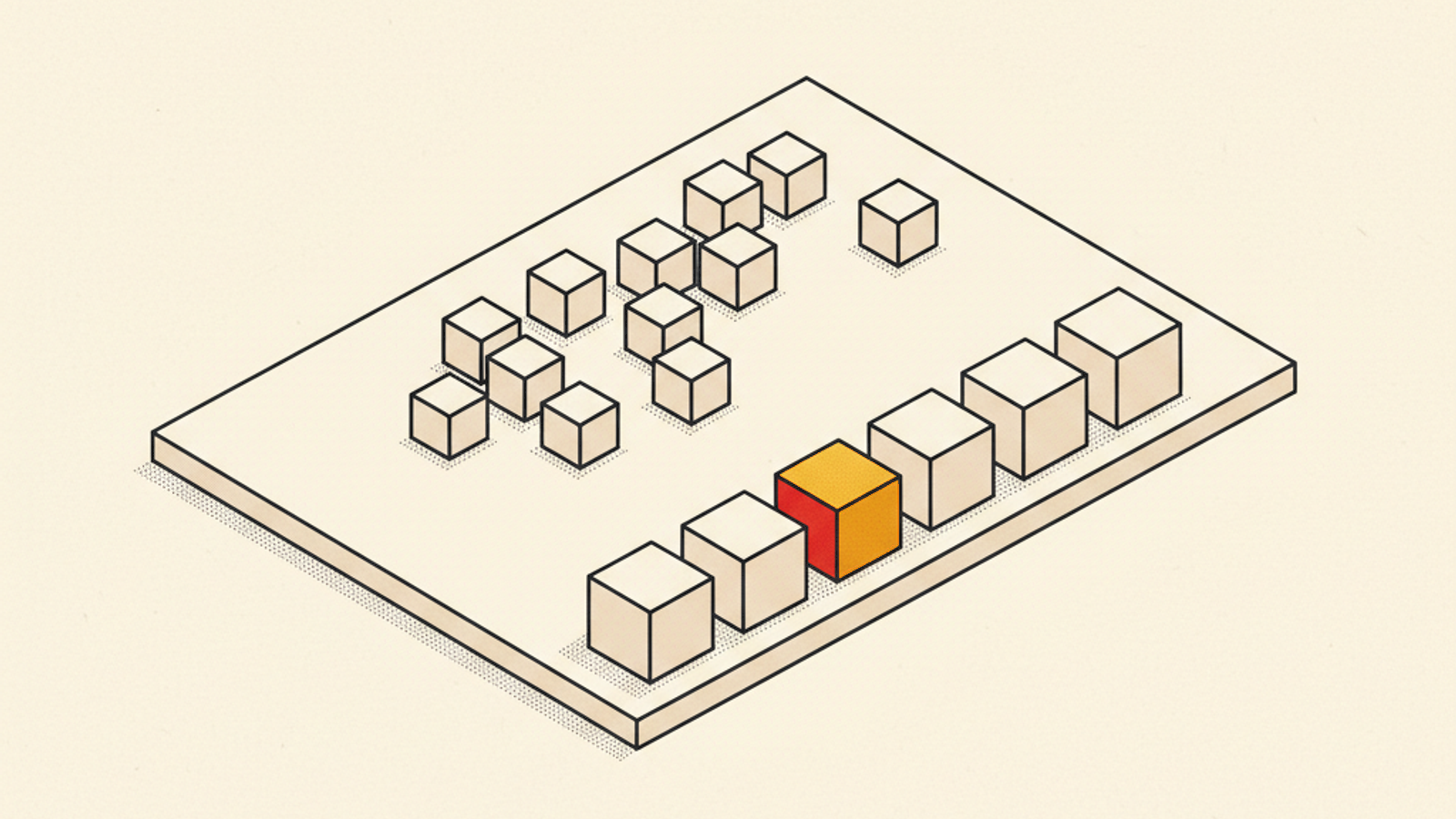 A pale slab with a loose scatter of small blank cubes behind and a tidy front row of larger cubes, one of them amber