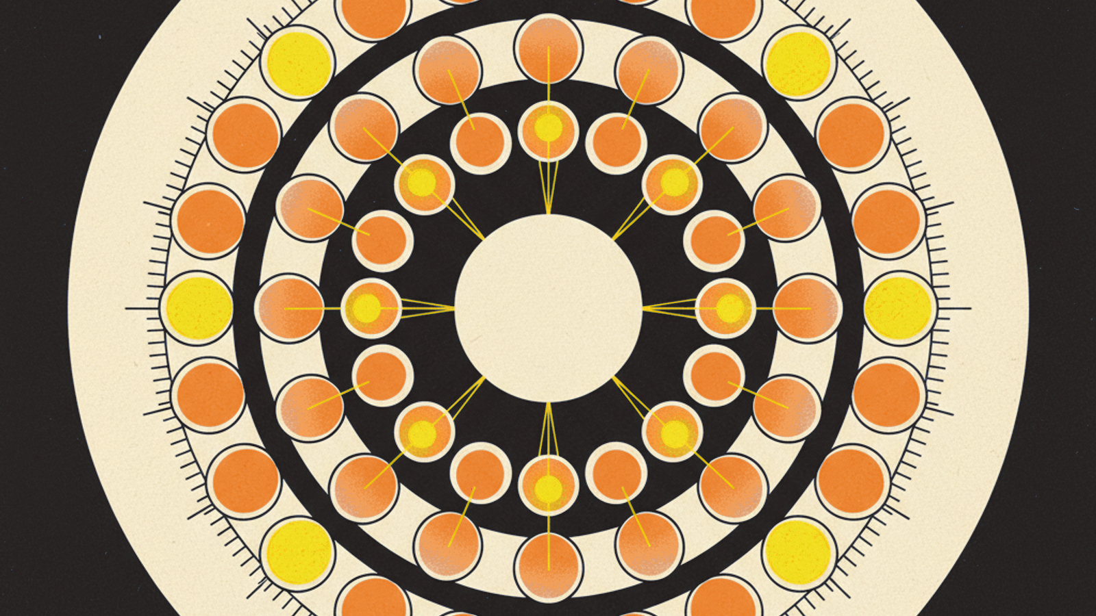 Concentric rings of translucent amber spheres with the brightest ones connected by thin lines to a central hollow ring