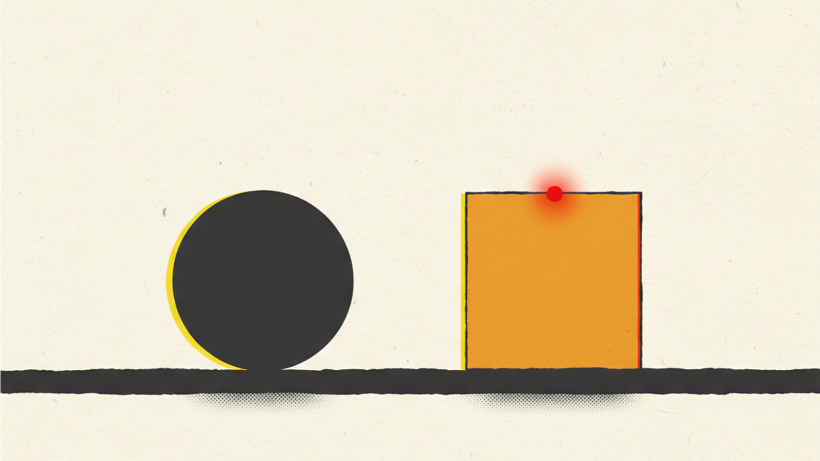 A charcoal circle and an amber square standing side by side on one shared charcoal bar over a warm off-white field — two outputs of one shared foundation