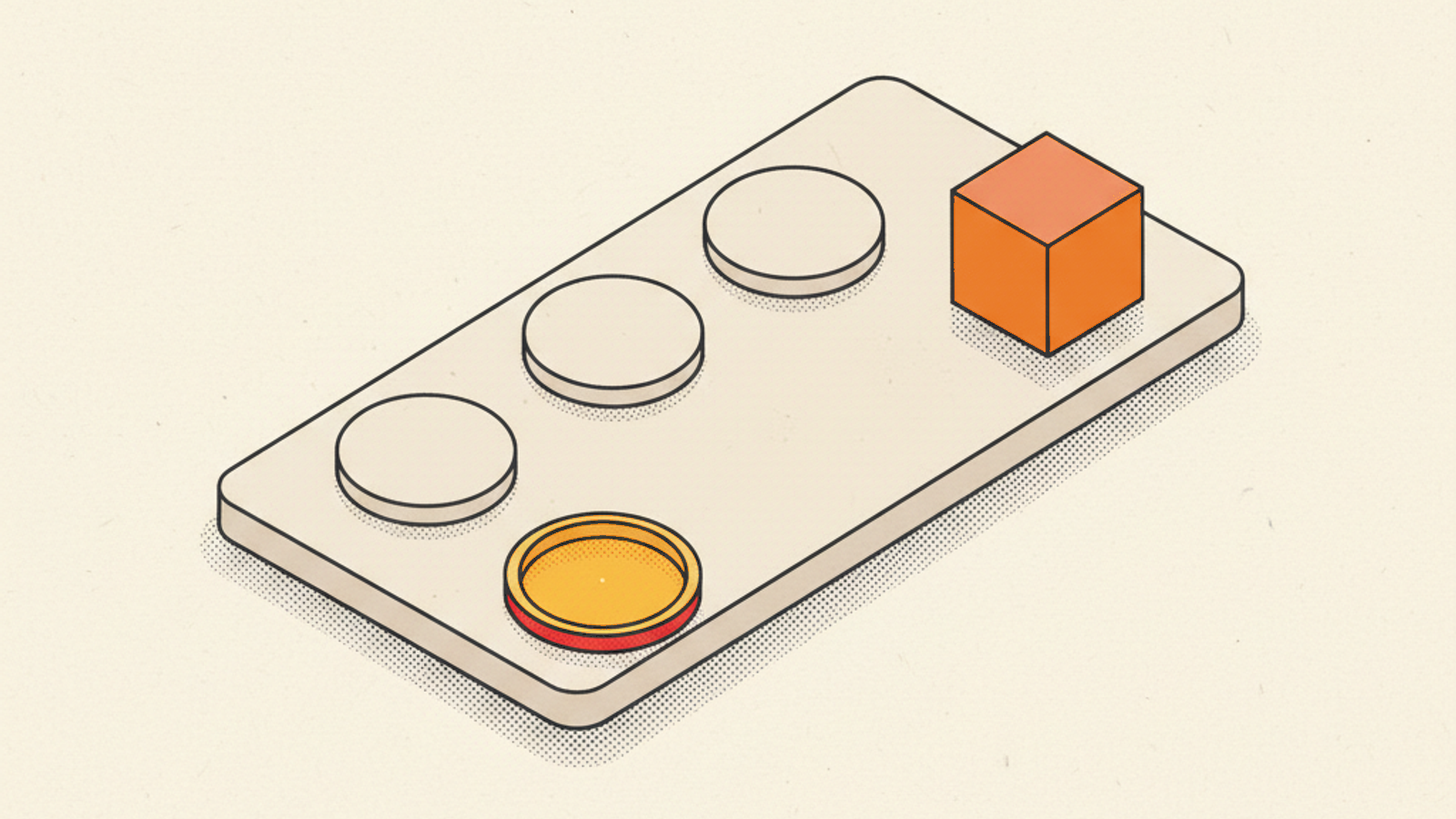 A pale-stone slab holding a row of three blank pale tokens, a terracotta cube at the far end and one amber disc with a rim at the front