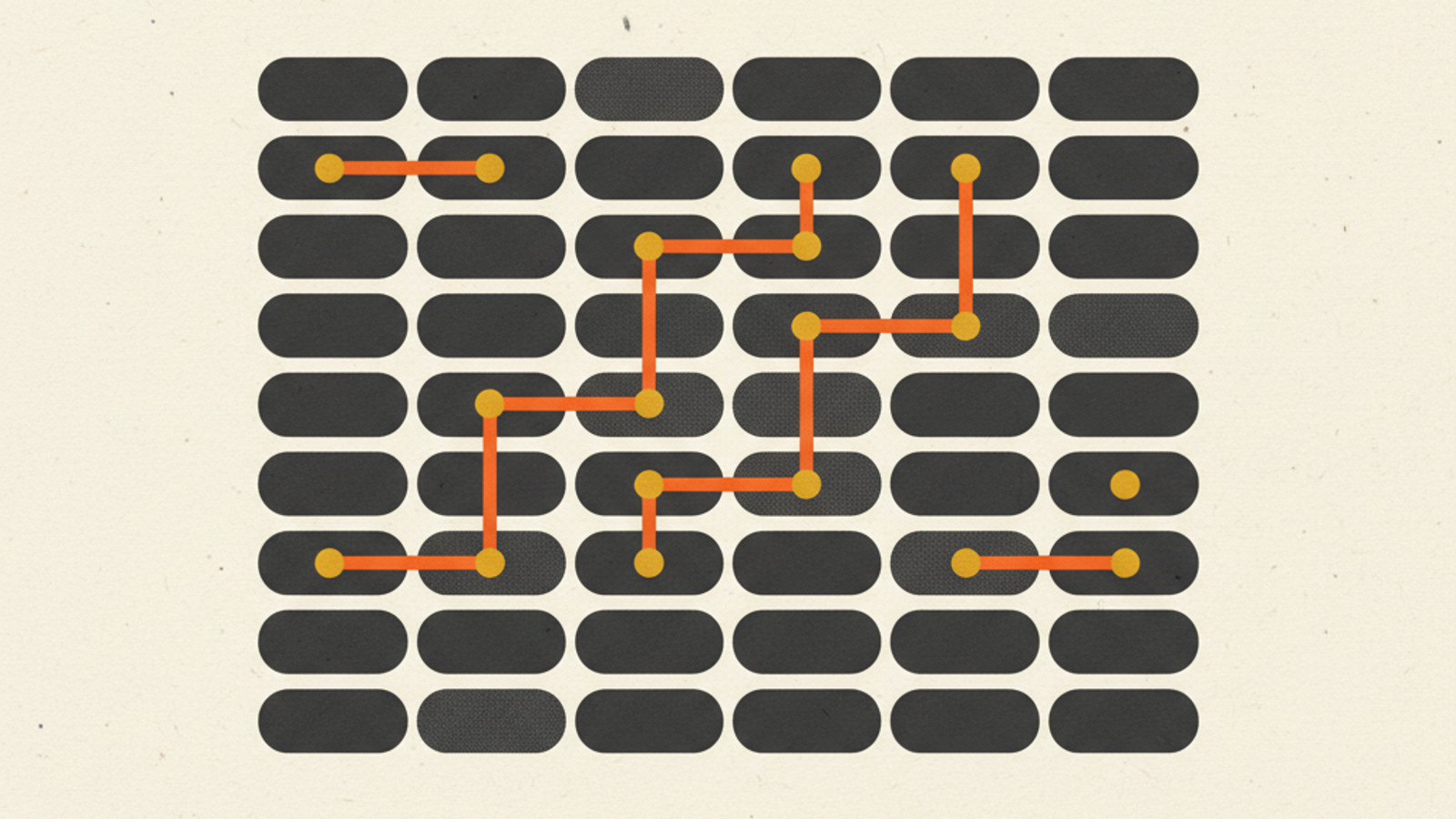 A grid of identical charcoal rounded rectangles on warm off-white, a few marked with a small amber dot, with one vivid orange line tracing the dots in order — a fixed prompt set re-run over time