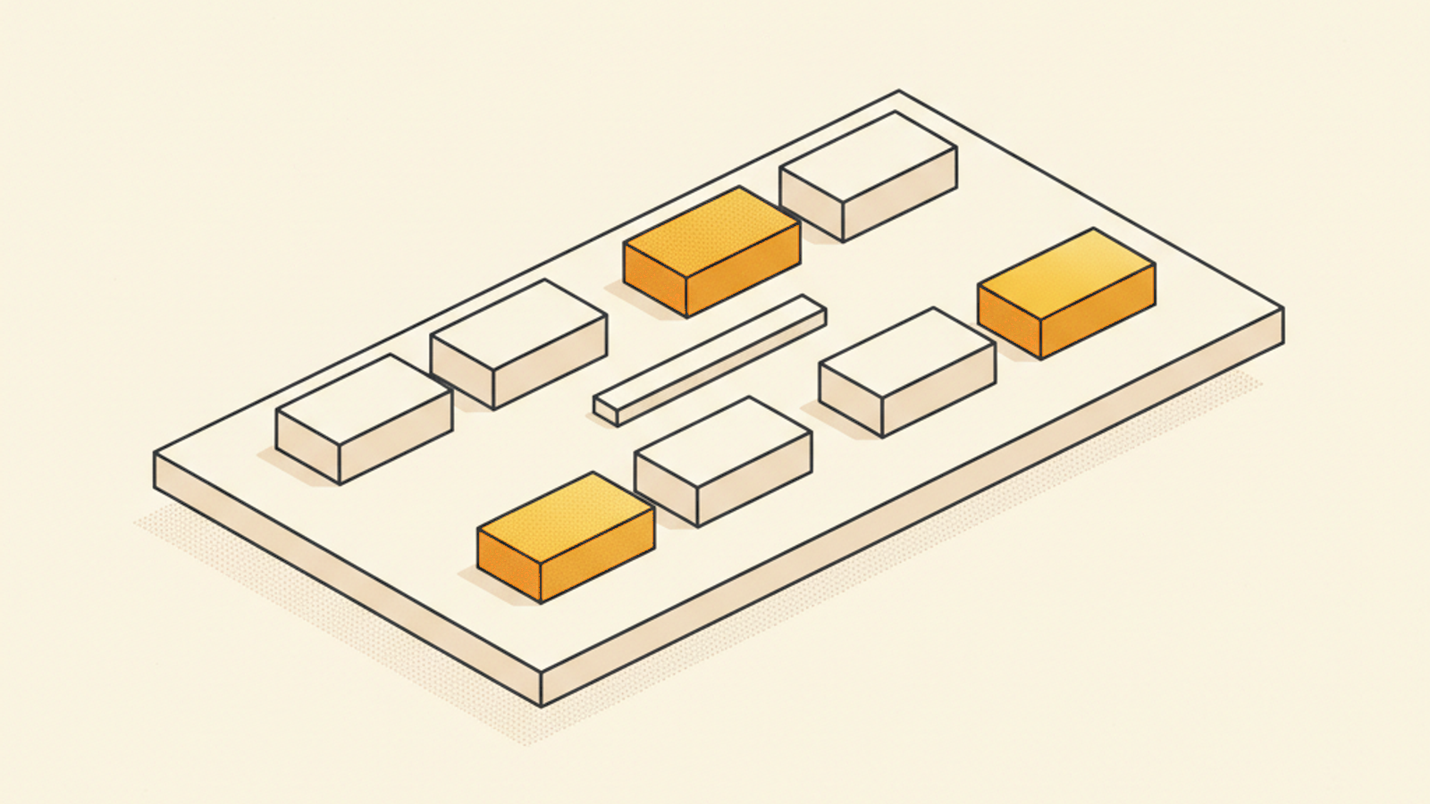 A pale slab holding two rows of blank tiles, three of them amber, with a thin bar lying between the rows